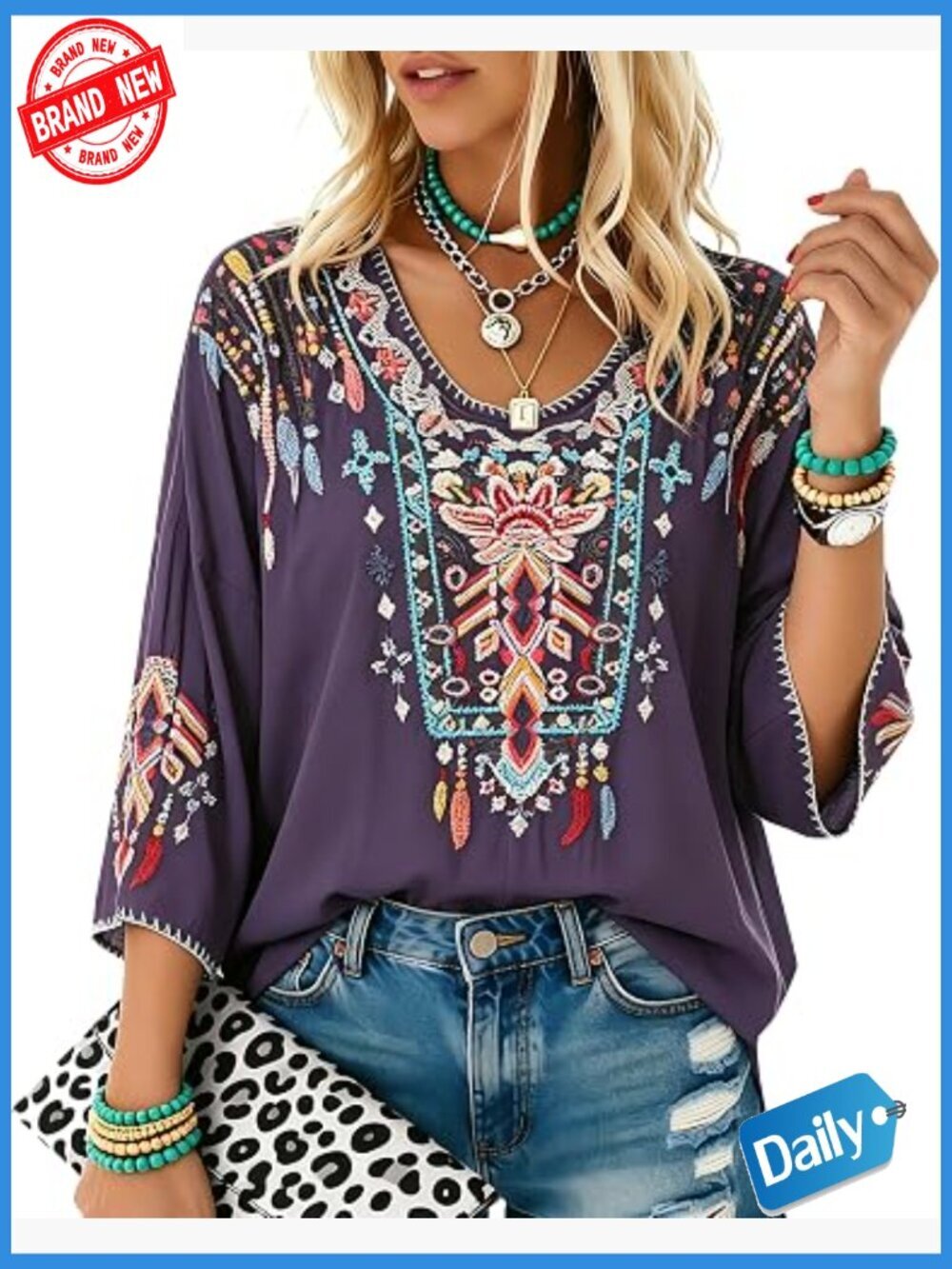 Mexican Embroidered Tunic Blouse Boho Peasant Top 3/4 Sleeve Loose Fit